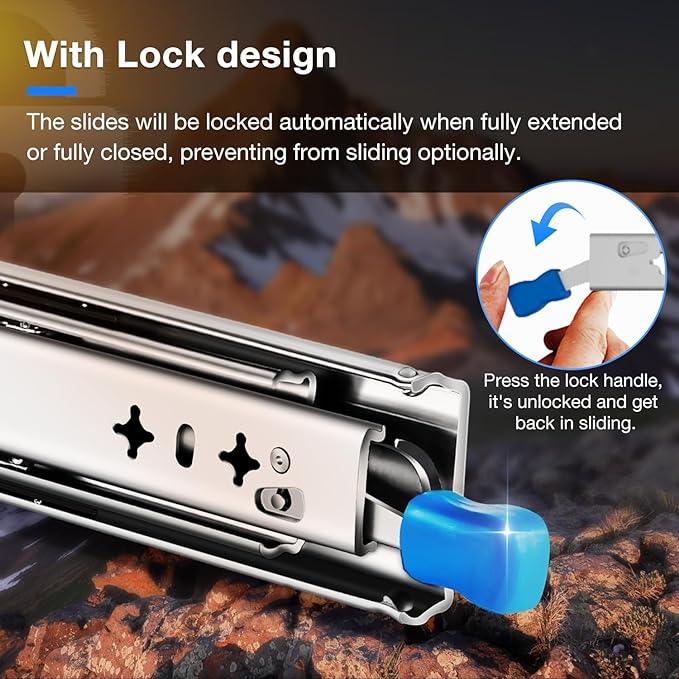 YM A pair (two pieces) of 53MM with Lock industrial heavy-duty drawer guides, thickened locking slide rails, 3-section telescopic full drawer guides, load-bearing 120KG - YM HARDWARES CO., LTD