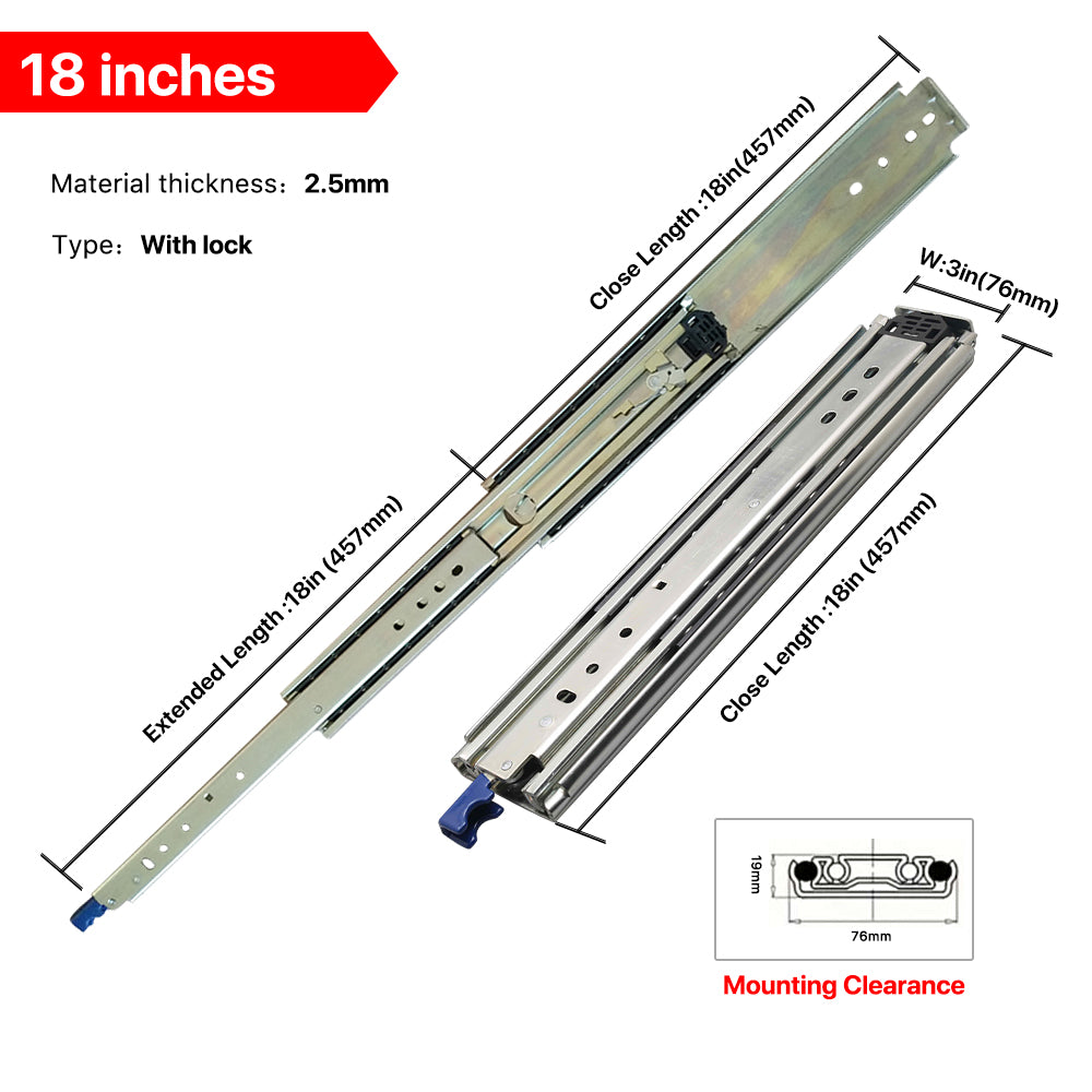 YM  76mm Width Heavy Drawer Slides Locking Bearing 500 lbs