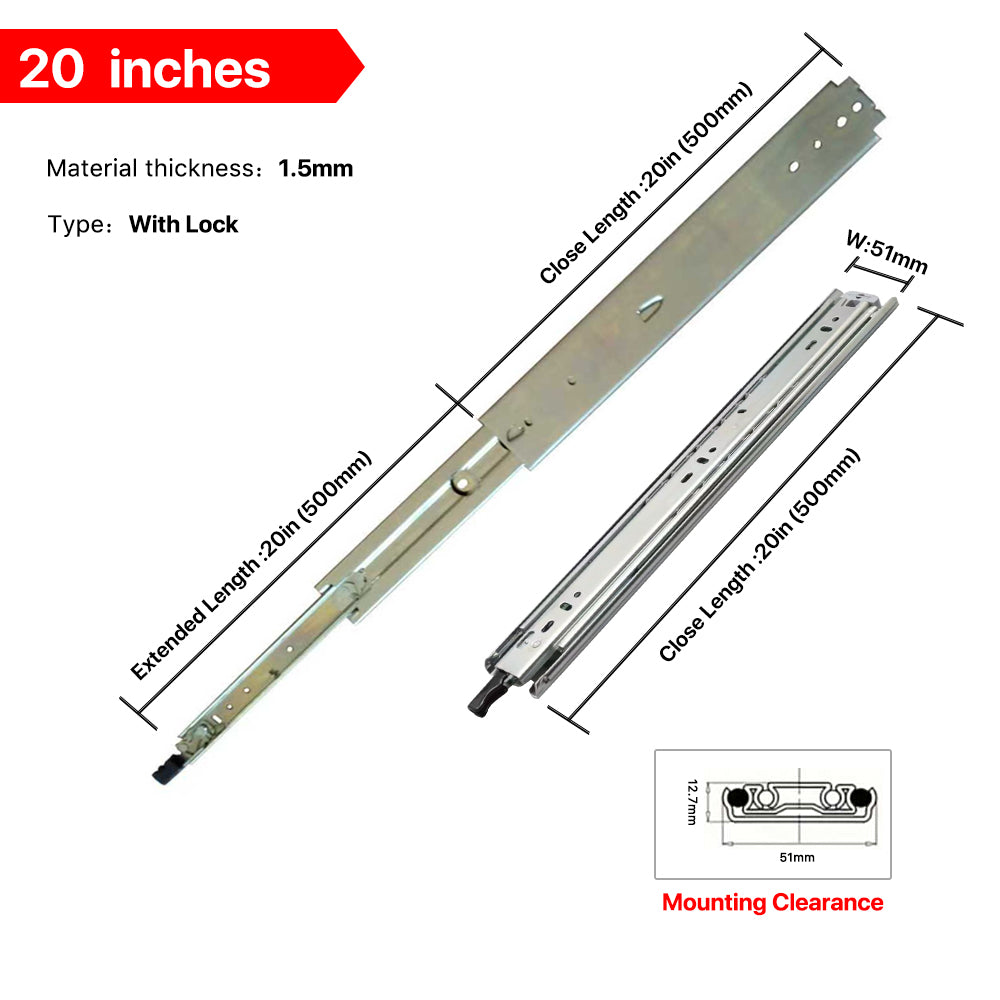 YM Heavy drawer Slides 51 mm Width  Locking Bearing 150 lbs