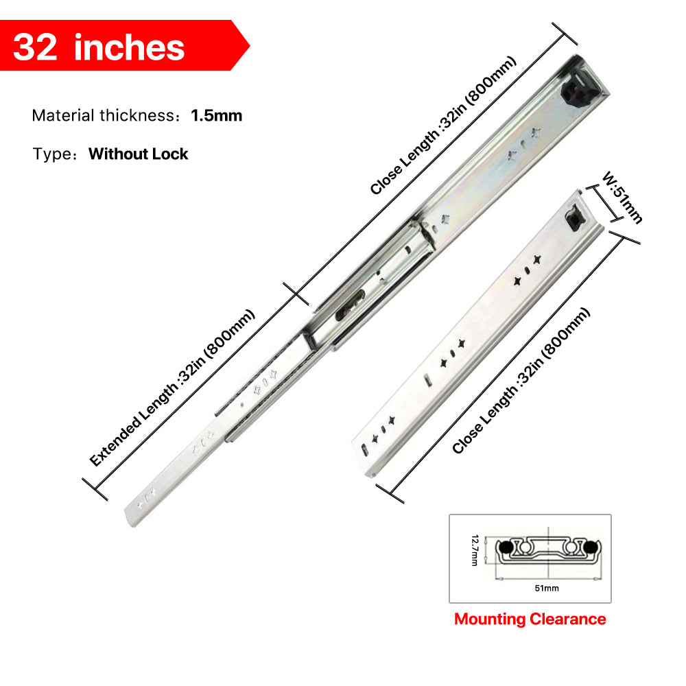 YM Heavy drawer Slides 51 mm Width  Ball Bearing 150 lbs