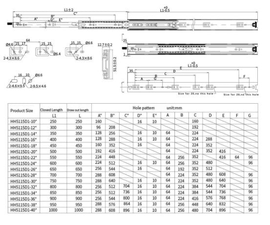 YM 51mm Width Heavy Drawer Slides Locking Bearing 150 lbs and  Ball Bearing  150 lbs