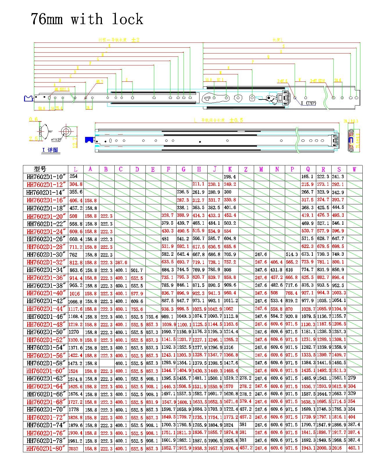 YM  76mm Width Heavy Drawer Slides Locking Bearing 500 lbs